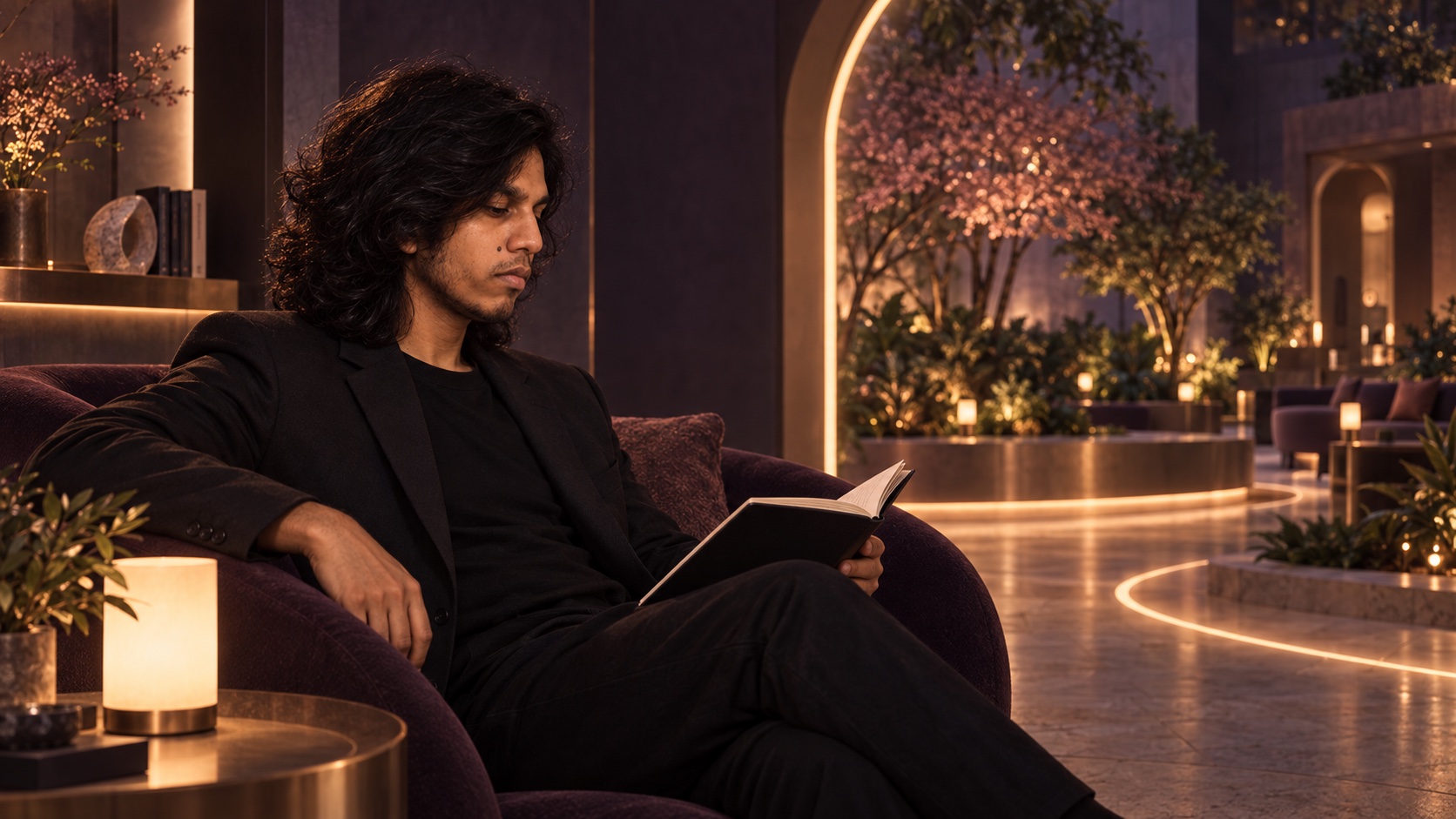 Aman Jaiswal reading in a plum lounge with amber lighting